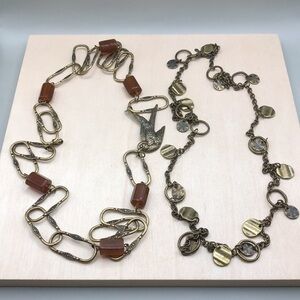 Curated bundle layered look long brass necklaces, trendy boho vibes.